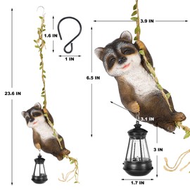Joliyoou 1 Pack Solar Light Outdoor Statues, 6.5"H Resin Raccoon Climbing On A 23.6"L Vine with LED Lantern, Waterproof Hanging Animal Figurine with Hook for Yard Garden Wall Balcony Tree Decoration