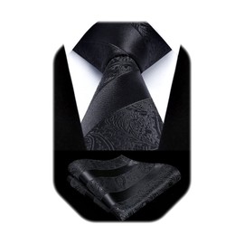 HISDERN Black Ties for Men Paisley Floral Men's Necktie & Pocket Square Set Classic Flower Wedding Tuxedo Business Party Tie with Handkerchief