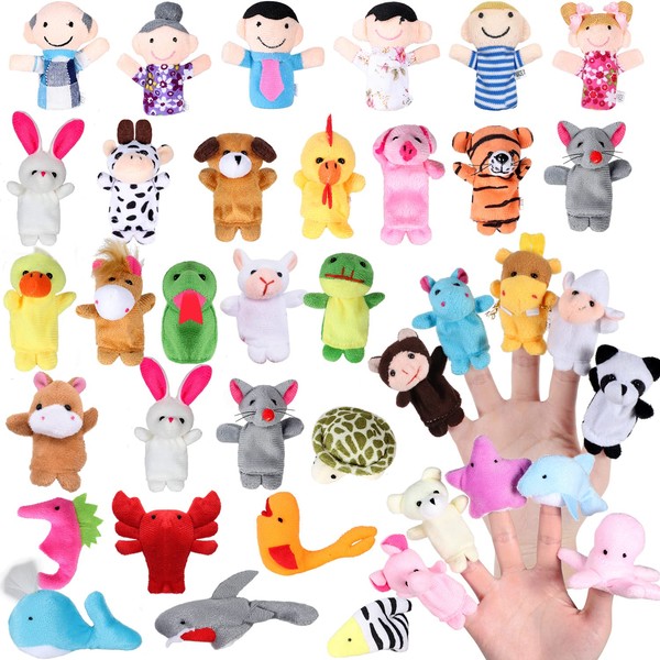 Tacobear 38Pcs Finger Puppets Bulk Set Soft Velvet Cartoon Finger Puppets for Toddlers 1-3, 32 Animals and 6 People Family Members Easter Basket Stuffers Gifts Toys Cute Finger Puppets for Kids Baby