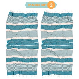 MOMOMUS Pack of 2 Fouta XL or Beach Towel Cotton 100% - Absorbent, Ultra Soft, Compact - Beach Towel Fringe and Hammam Towel Thin Sauna, Spa and Pool - Green, 90 x 180 cm