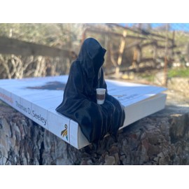 Sitting Ghost Figurine Holding Coffee | Suriel ACOTAR Inspired Decoration | Fantasy Book Lover Gift | Cozy Goth Desk Decor | Spooky Cute Aesthetic | Gift For Coffee Lovers