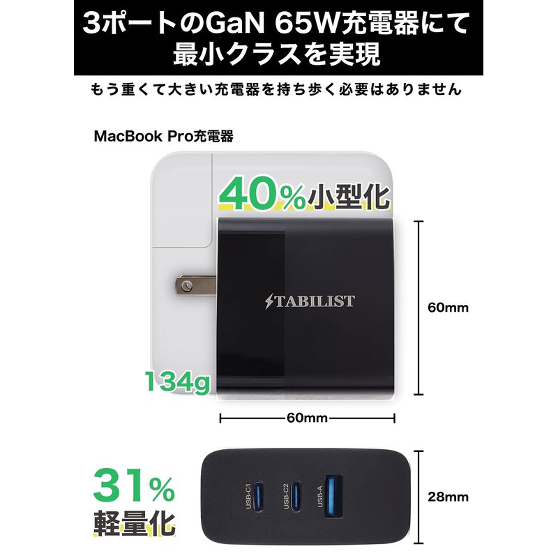 PD Charger, USB Type-C 65W, 3 Ports, GaN Foldable, PSE