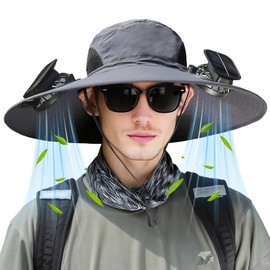 Solar Fan Hat, Wide Brim Solar Fan Outdoor Fishing Hat with 2 Solar Fans UPF 50+ Sun Protection Outdoor Fishing Camping Beach (Dark Gray)