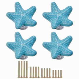 4 Pieces Cabinet Knobs, Furniture Knobs, Vintage, Starfish Shaped Ceramic Door Knobs for Dresser Cupboards, Cupboard Knobs, Drawer Knobs, Drawer Knobs, Cupboard Door Knobs (Blue)