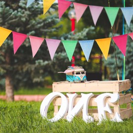 Colorful Pennant Banner, 48pcs Pre-Strung Imitated Burlap Fabric Pastel Rainbow Hanging Flags Bunting Garland for Outside Classroom Party Decorations