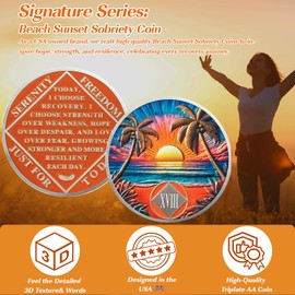 Beach Sunset 18 Year Sobriety Coin, Affirmation NA Coin, Addiction Recovery Eighteen Year Sober Chip, Celebrating Recovery Anniversary Token, Narcotics Anonymous Sobriety Gifts for Men Women