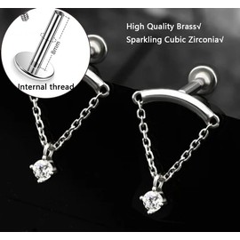 ALRNBY Gold Helix Earrings for Women 2Pcs Flat Back Earrings Hidden Helix Earring Dangle Drop Tassel Chain Earring Cartilage Studs Silver Cubic Zirconia Sparkling Earrings Jewelry… (Double silver)