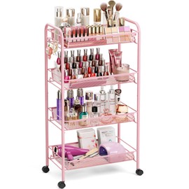 TOOLF 4 Tier Rolling Utility Cart - Durable Metal Design Pink Utility Cart, Storage Trolley on Wheels with 3 Hooks, Perfect for Kitchen, Bathroom & Laundry Room Organization