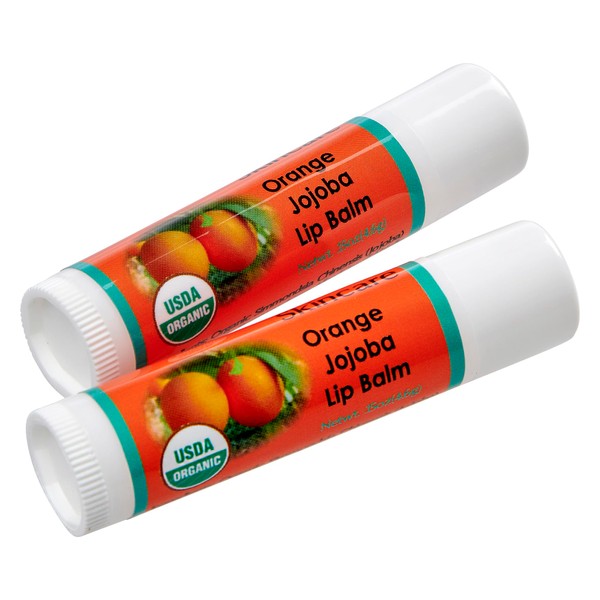 2 Pack Organic Orange Lip Balms with over 70% Jojoba Oil. 100% Natural with Beeswax. Naturally Moisturizing. By Desert Oasis Skincare (.15 oz/4.6 gm)