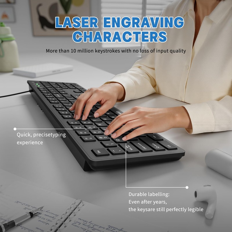 MIKUSO Arabic English Keyboard,Wired Keyboard Not Fading Bilingual Letters