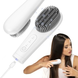 SATOCVAY Cordless Hair Straightener Brush, Heated Brush Hair Straightener Rechargeable 7000mAh, Negative Ionic Hair Straightener Brush Mini Travel Hot Comb for Women, White