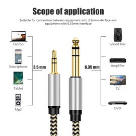 3.5 mm to 6.35 mm Audio Cable 1.5Ft, Gold-Plated Terminal Silver Color Zinc Alloy Housing 3.5mm 1/8" Male TRS to 6.35mm 1/4" Male TRS Nylon Braided Stereo Audio Cable for Cellphone (1.5Ft)