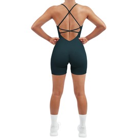 SUUKSESS Women Strappy Romper Workout Yoga Seamless One Piece Jumpsuit Tummy Control Padded Sports Bra (Deep Green, S)