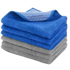 PGlife Microfiber Dish Cloth with Poly Mesh Scouring Side for Kitchen Cleaning and Housekeeping,30cm X30cm, 6pack,Blue+Grey