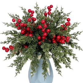 40 Pcs Artificial Pine Branches with Red Berry Picks 11" Winter Christmas Greenery Fake Juniper Leaves Norfolk Pine Stems Needles for DIY Craft Wreath Garland Vase Filler Home Decoration (40, Green)