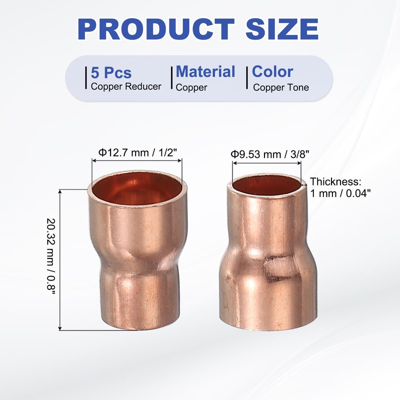 PATIKIL 5Pcs Copper Reducer 1/2" x3/8" ID Reducing Copper Coupling