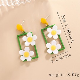 CHUNYANAN Elegant Charm Hollow Acrylic Square Daisy Flowers Long Geometric Floral Earrings Fashionable Retro Lovely Sweet Women Jewelry Gift (White Daisy Flowers Earrings)