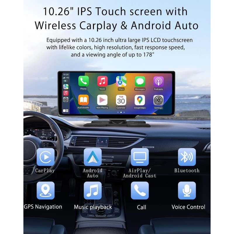 CHOVE Wireless Apple Carplay Screen for Car, 10.26" Apple Car