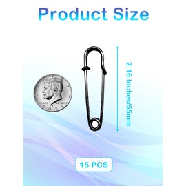 Black Safety Pins Large,55mm/2.17" Large Safety Pins Pack of 15Pcs Heavy Duty Big Safety Pin for Clothes Giant Safety Pin Available for Thick Fabric,Leather,Diapers Fixed Blankets,Shawl