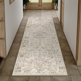 WondRg 2x6 Washable Runner Rug for Kitchen Hallway Non-Slip Beige Neutral Carpet Low Pile Soft Thin Area Rug Floral Vintage Vacuumable Lightweight Runner for Entryway Bedroom Bedside Indoor