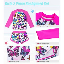 ACOCOPY Girls Rash Guard Sets Two Piece Colorful Butterfly Swimsuits Bathing Suits Quick Dry Long Sleeve Beach Swimwear Size 5-6
