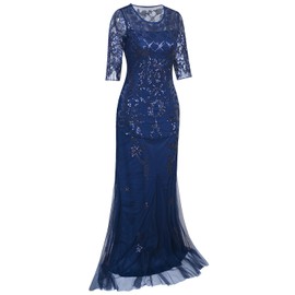 Vijiv Vintage 1920s Long Wedding Prom Dresses 2/3 Sleeve Sequin Party Evening Gown Blue