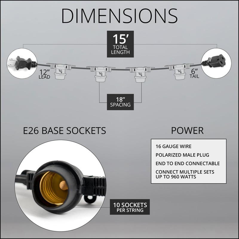 15-ft 10 Socket E26 Commercial Patio Light Stringer, Heavy Duty