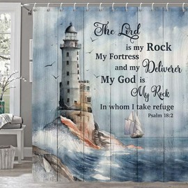 Bzhilja Ocean Lighthouse Shower Curtain, Coastal Nautical Sunrise Beach Seascape Bathroom Curtain, Bible Verse Inspirational Motivational Quote Polyester Fabric with Hooks, 72X84in