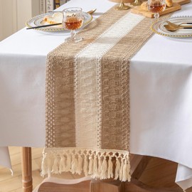meioro Böhmische Tischläufer für Tisch Dekoration, 30x180cm Tischdeko aus Gewebtem Jutestoff mit Quasten, Rechteckige Landhausstil Tischdecke für Esszimmer Urlaub Party Wohnzimmer (Braun & Weiß)