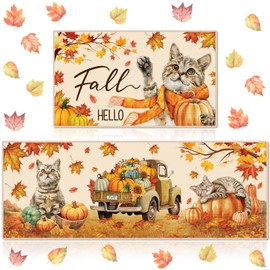 Duraaamo Set of 2 Hello Fall Kitchen Mats Autumn Cat Kitchen Mats Thanksgiving Cat Doormats Non Slip Floor Mat for Kitchen Vintage Farmhouse Mats for Fall Thanksgiving Indoor Outdoor