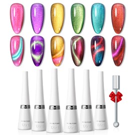 TAYE Cat Eye Gel Nail Polish Set - 6 Colors Magnetic Gel Nail Polish Cat Eye Polish With Double-Head Magnetic Stick for Home Salon Manicure DIY Nail Art