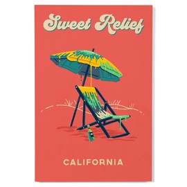 Lantern Press 12x18 Inch Premium Wood Sign, Ready to Hang Wall Decor, California, Sweet Relief Collection, Beach Chair and Umbrella, Sweet Relief