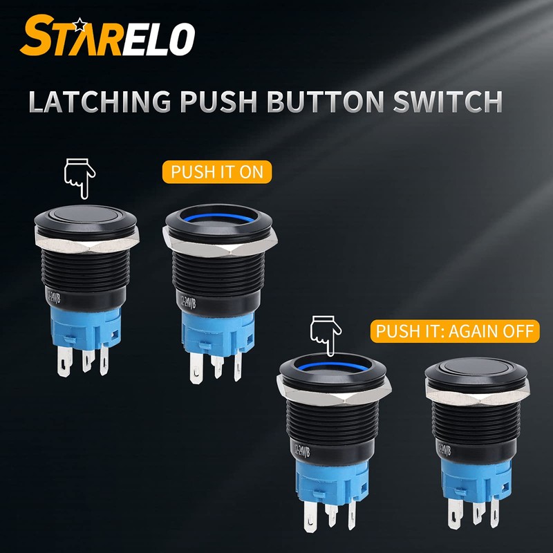 STARELO 5pcs 19mm Latching led Push Button Switch Black Shell,