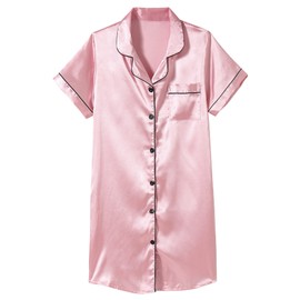 Hupohoi Girls Satin Pajamas Dress Button Down Silky Sleepwear Nightgown Short Sleeve Nightshirt Dresses, Pink, 8