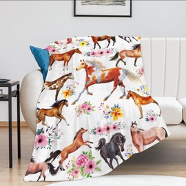 Horse Blanket Gift for Girls Women Farm Horses Flowers Cute Animal Fleece Flannel Throw Blankets Soft Lightweight Plush Pink Blanket for Horse Lovers Decor Bed Sofa 50"x40"
