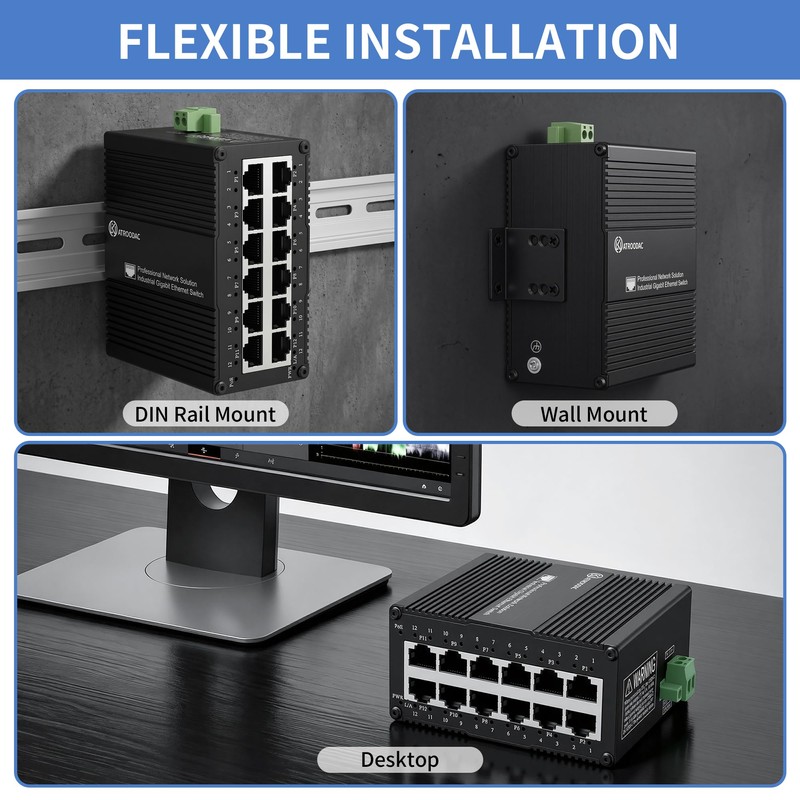 ATROODAC Industrial 12 Port Gigabit PoE Switch, DC 12-48V to