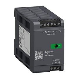 Schneider Electric Modicon Optimized Single-Phase Regulated Power Supply for Automated Systems, 100-240V AC, Rated 24V/3.8A, Plastic, Integrated Overload and Short-Circuit Protection (ABLS1A24038-FBA)