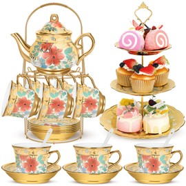 Suttmin 21 Pcs Porcelain Tea Set with Metal Holder and Cupcake Stand, Ceramic Tea Pot Cups Saucers Cupcake Tier Tower European Ceramic Tea Set for Adult Women Girls Tea Party Wedding(Yellow)