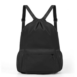 MIOUZIMEO Drawstring Backpack Sports Gym Bag with Water-Resistant Large Capacity String Swim Backpack Side Mesh Pocket for Men Women (Black)