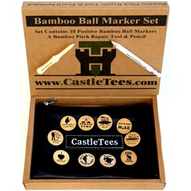Castle Tees Positive Motivational Golf Ball Markers Set of 10 in a Zip Tee Bag with Free Pitch Repair Tool & Pencil in a Gift Box. Great Golf Ball Marker Gift for Christmas a Birthday or Golf Prize