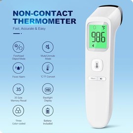 No-Touch Thermometer for Adults and Kids, Accurate Digital Baby Thermometer | 1s Fast Reading, Fever Alarm, Silent Mode, 35-Reading Memory, Forehead &