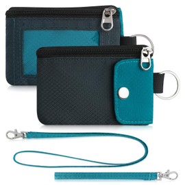 Minimalist Wallet for Mens Womens, Keychain RFID Blocking Zipper Small Wallet with ID Window 2 Lanyards,Water Resistant Travel Cash Card Coin Case Boys Girls
