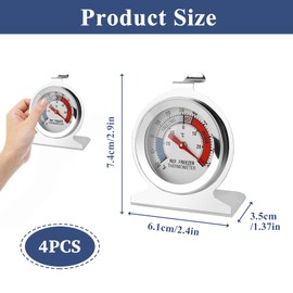 Set of 4 Fridge Thermometers, Indoor Thermometer, Catering Stainless Steel, Large, Dial with Temperature Display with Hook and Stand, Ideal for Home, Restaurant Kitchens, -20 to 80 °F/-30 to 30 °C