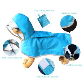 Olsdeeool Adjustable Waterproof Dog Raincoat with Reflective Strip, Lightweight Hooded Pet Rain Jacket with Portable Storage Pocket and Leash Hole (Blue,XS)