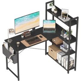 Treesland 47 Inch Computer Desk with Bookshelf, Corner Desk with Storage, L Shaped Desk, Home Office Desks, Writing Study Desk for Bedroom, Black