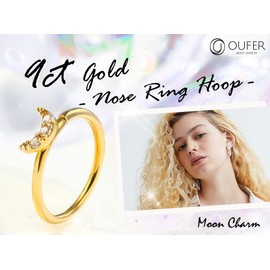 OUFER 9ct Solid Gold Nose Hoop Ring 20G Seamless Open Nostril Ring Piercings Moon CZ Helix Earring Hoops Cartilage Rook Tragus Body Jewellery Women Men Gift 8mm