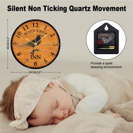 Crow Wood Clock Black Crow Inn Wall Clock Orange Wooden Wall Clock Quality Quartz Battery Clock Silent Vintage Farmhouse Rustic Decor for Living Room Bedroom Office Classroom 12Inch Birthday Gift