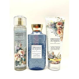 Bath and Body Work Dressed in White Gift Set, Fine Fragrance Mist 8oz, Body Wash 10oz, Body Cream 8oz with Shea Butter