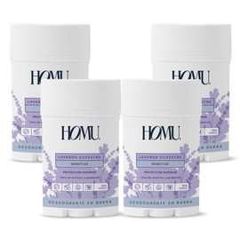 Homu | 4 Piezas Desodorante Natural en Barra Lavanda Silvestre Sensitive - Fórmula para pieles sensibles (sin Bicarbonato de sodio) - Cont. 55 grs. Por pieza (Lavanda Silvestre Sensitive, 4)