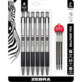 Zebra F-301 Retractable Ballpoint Pen with Stainless Steel Barrel 0.7mm Fine Point - Pack of 6 +3 Refills